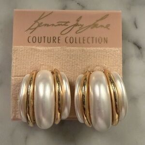 NEW Kenneth Jay Lane Gold Double Ribbed Pearl Domed Hoop Clip Earrings